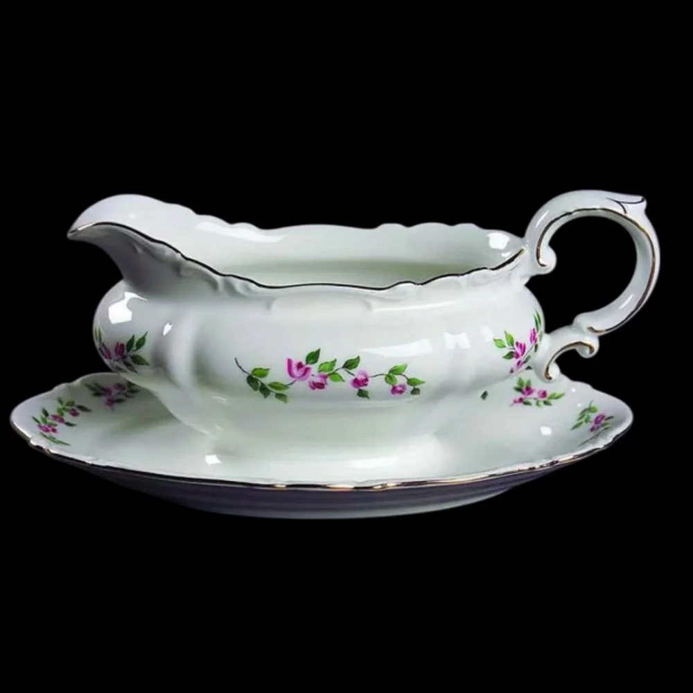 VTG Crown Bavaria Juliette Pink Roses Gravy Boat W/Attached Underplate Gold Trim